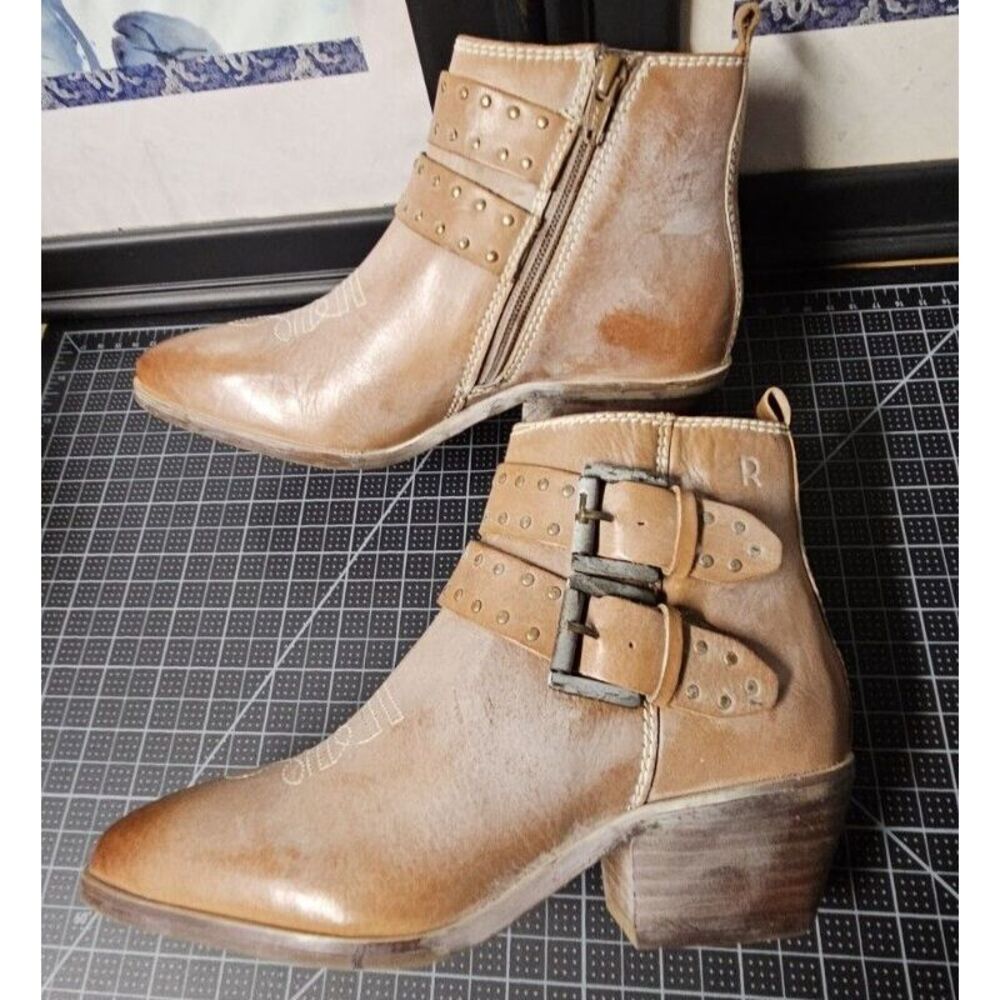 ROAN by BED STUD ville tan‎ white ankle boots US size 6M stud buckles zipper - Picture 8 of 16